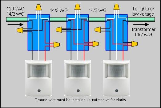 drawing of actual wire connections for installing multiple motion sensors